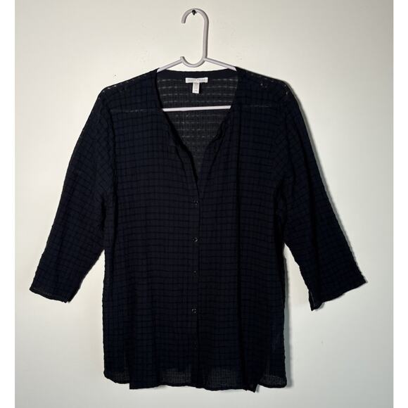 Eileen Fisher Womens Black Cotton Waffle Texture 3/4 Sleeve Button Up Top Sz L - Picture 11 of 11